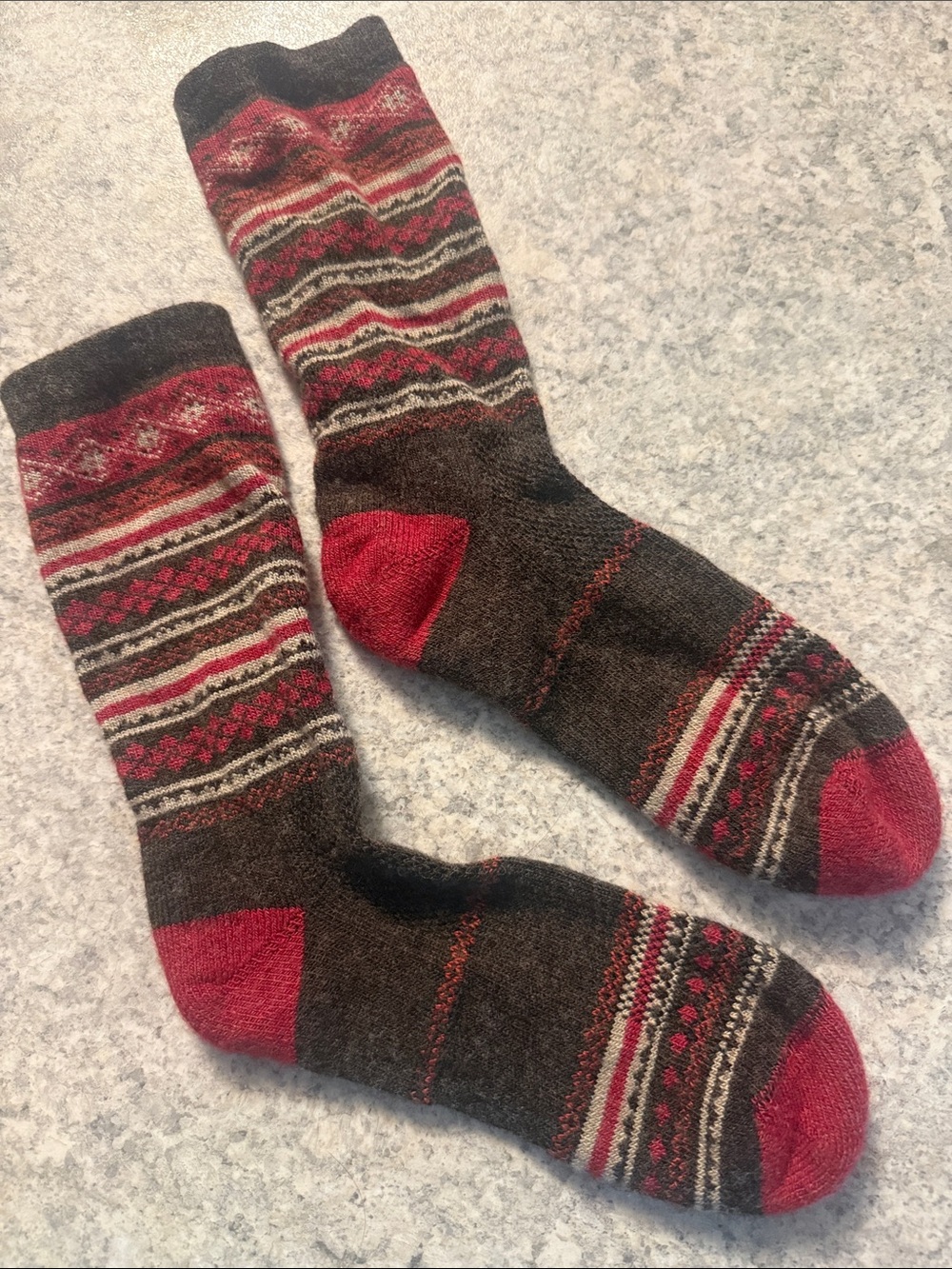 Brown and red thick fuzzy socks